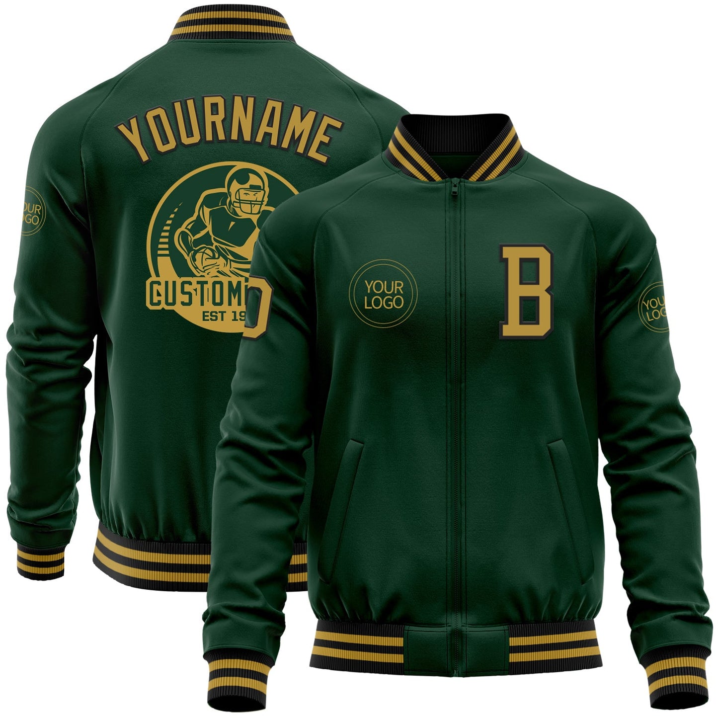 Custom Green Old Gold-Black Bomber Varsity Letterman Zipper Jacket - Main View