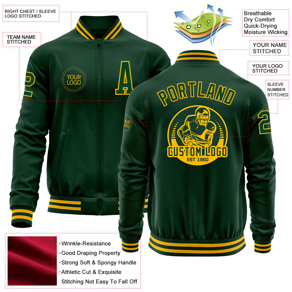 Custom Green Gold Bomber Varsity Letterman Zipper Jacket view 4