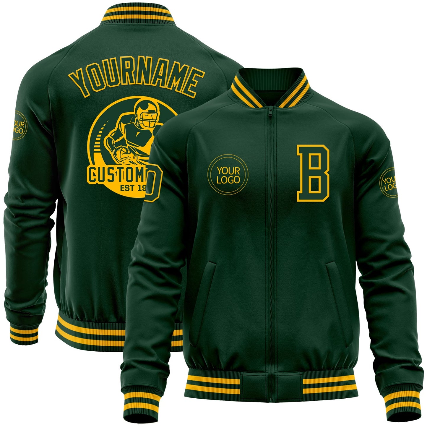 Custom Green Gold Bomber Varsity Letterman Zipper Jacket - Main View