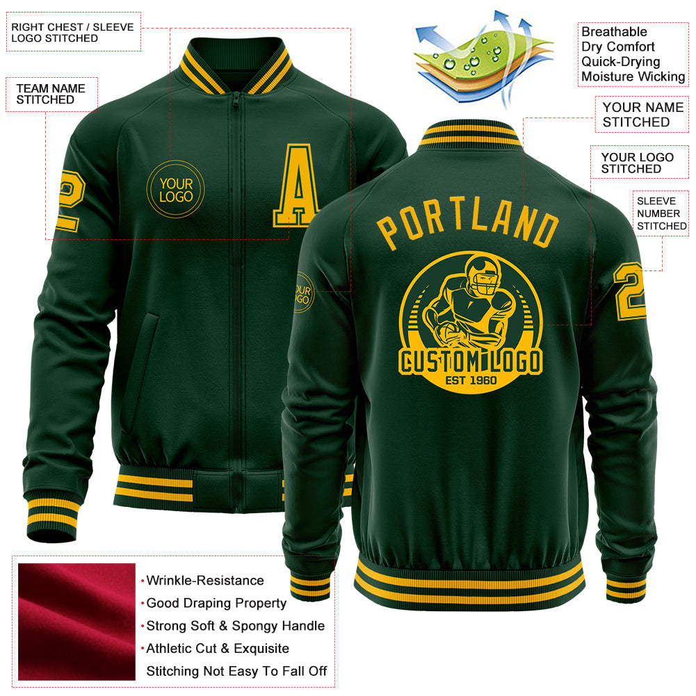 Custom Green Gold Bomber Varsity Letterman Zipper Jacket view 4