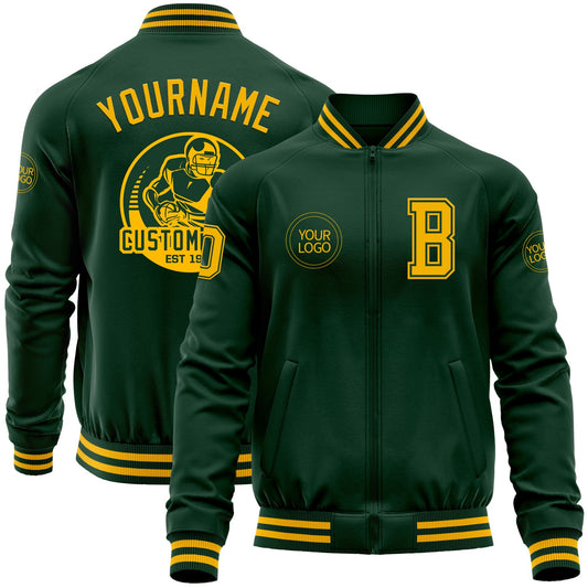 Custom Green Gold Bomber Varsity Letterman Zipper Jacket - Main View