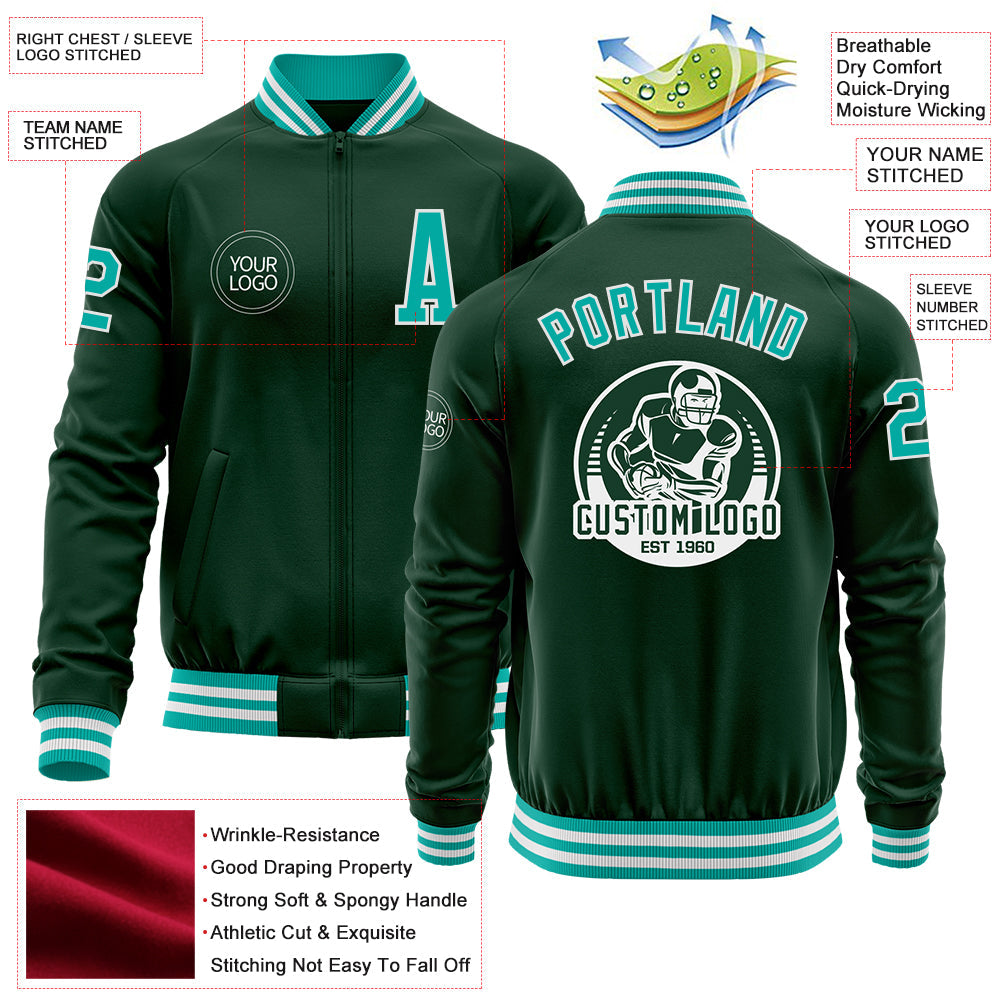 Custom Green Aqua-White Bomber Varsity Letterman Zipper Jacket view 4