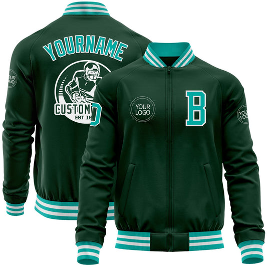 Custom Green Aqua-White Bomber Varsity Letterman Zipper Jacket - Main View