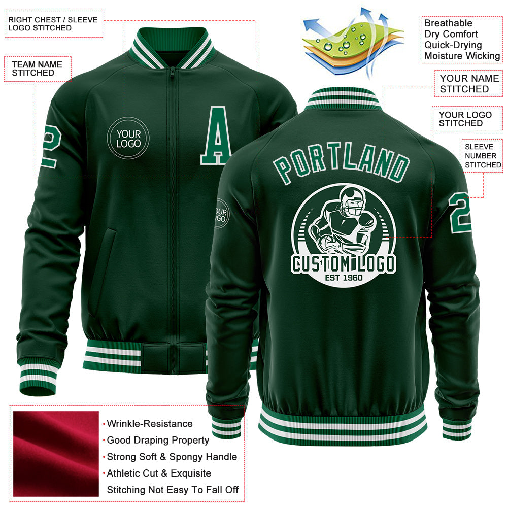 Custom Green Kelly Green-White Bomber Varsity Letterman Zipper Jacket view 4