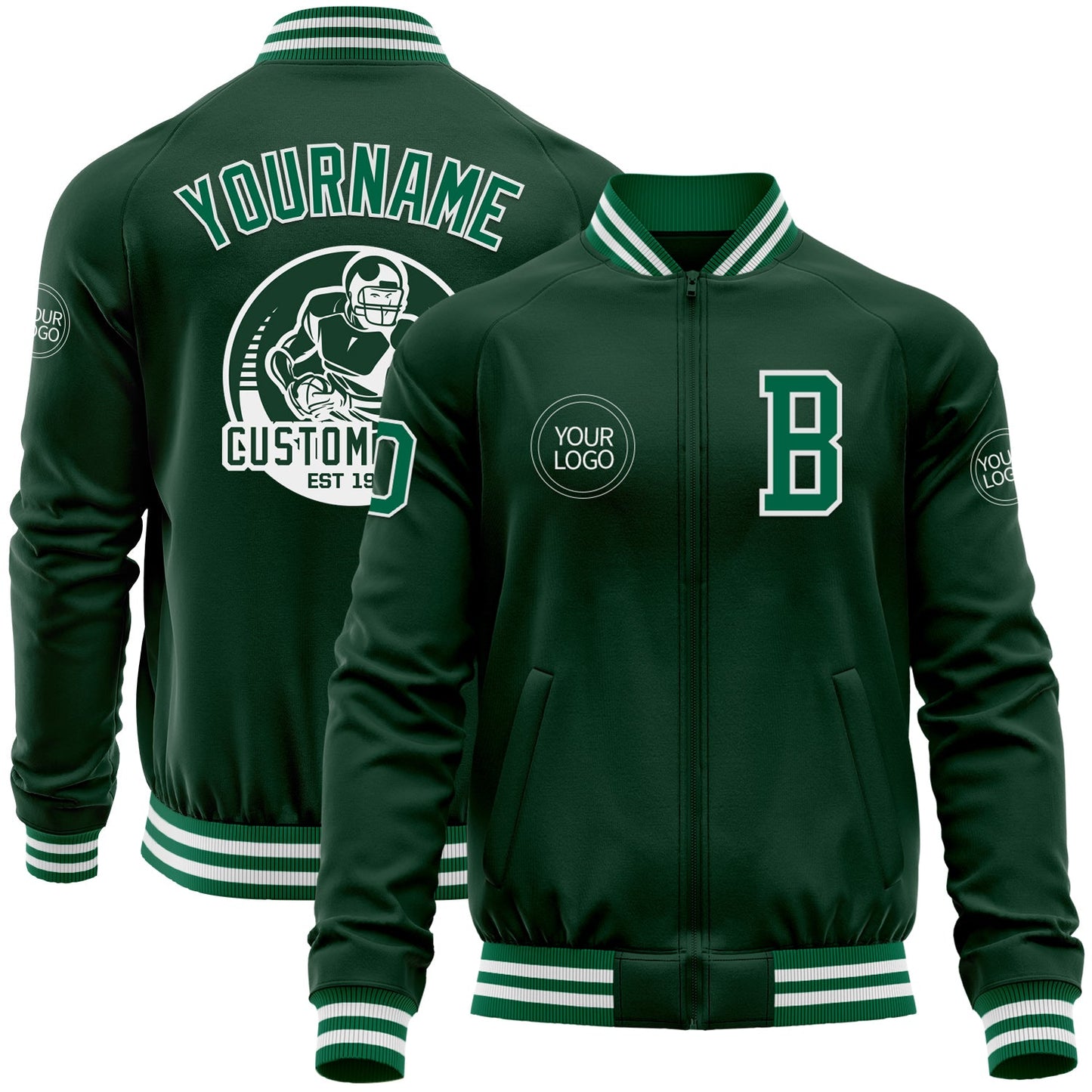 Custom Green Kelly Green-White Bomber Varsity Letterman Zipper Jacket - Main View
