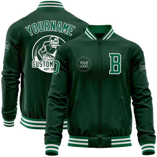 Custom Green Kelly Green-White Bomber Varsity Letterman Zipper Jacket - Main View