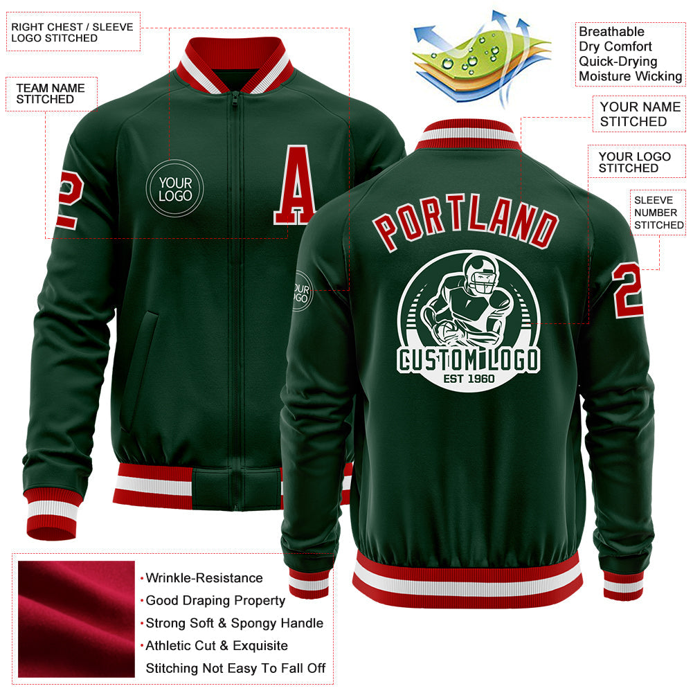 Custom Green Red-White Bomber Varsity Letterman Zipper Jacket view 4