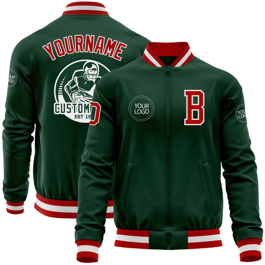 Custom Green Red-White Bomber Varsity Letterman Zipper Jacket - Main View
