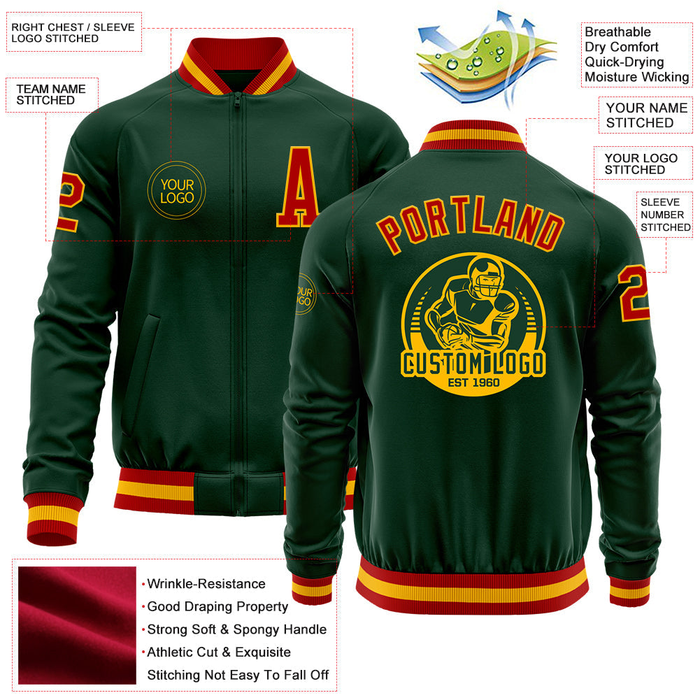 Custom Green Red-Gold Bomber Varsity Letterman Zipper Jacket view 4