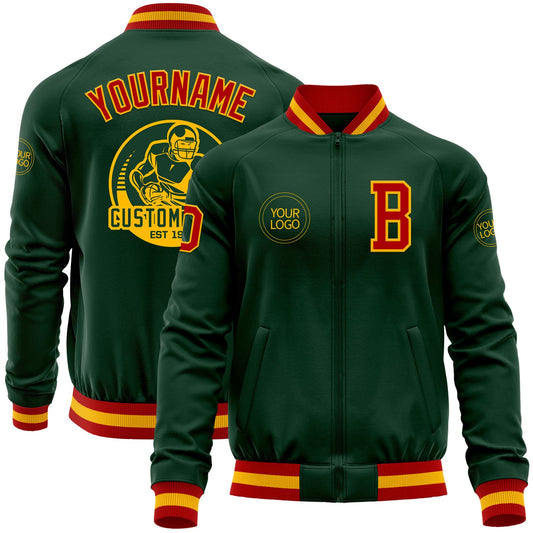 Custom Green Red-Gold Bomber Varsity Letterman Zipper Jacket - Main View