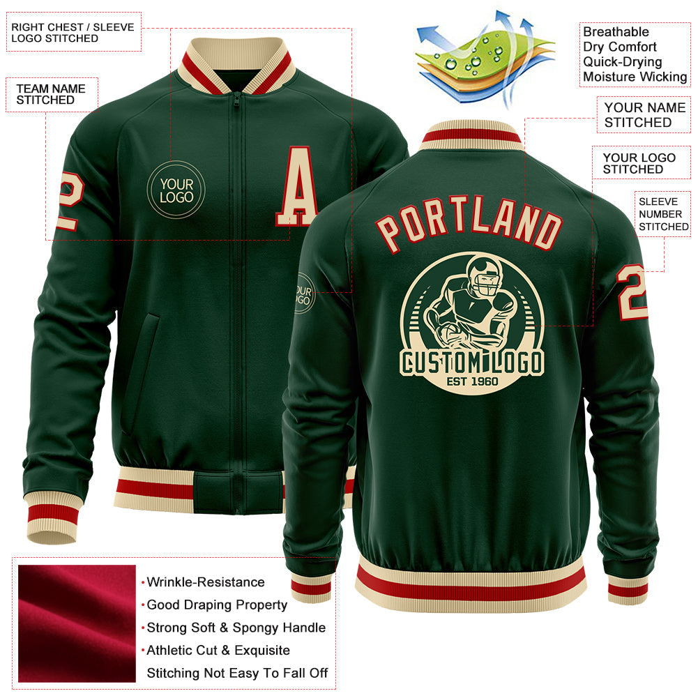 Custom Green Cream-Red Bomber Varsity Letterman Zipper Jacket view 4