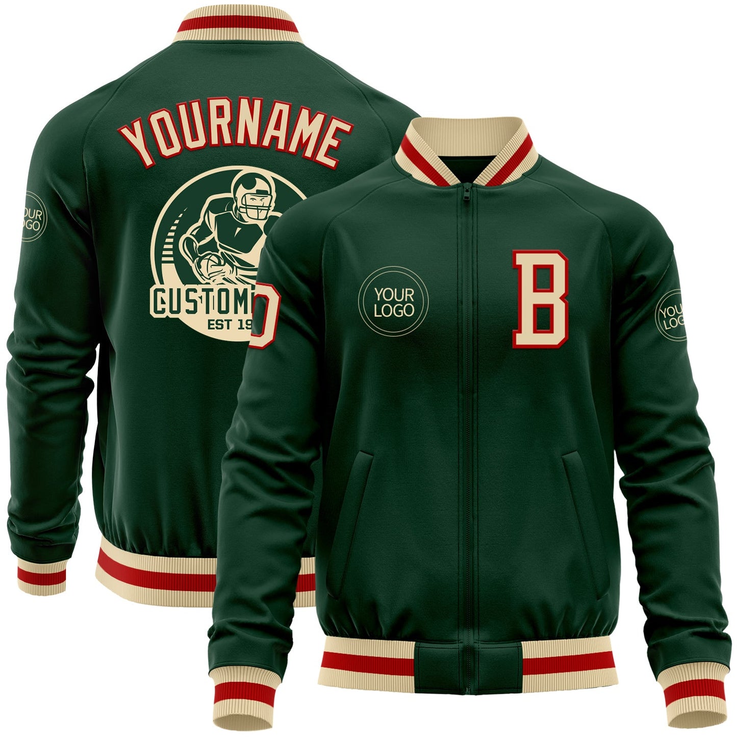 Custom Green Cream-Red Bomber Varsity Letterman Zipper Jacket - Main View