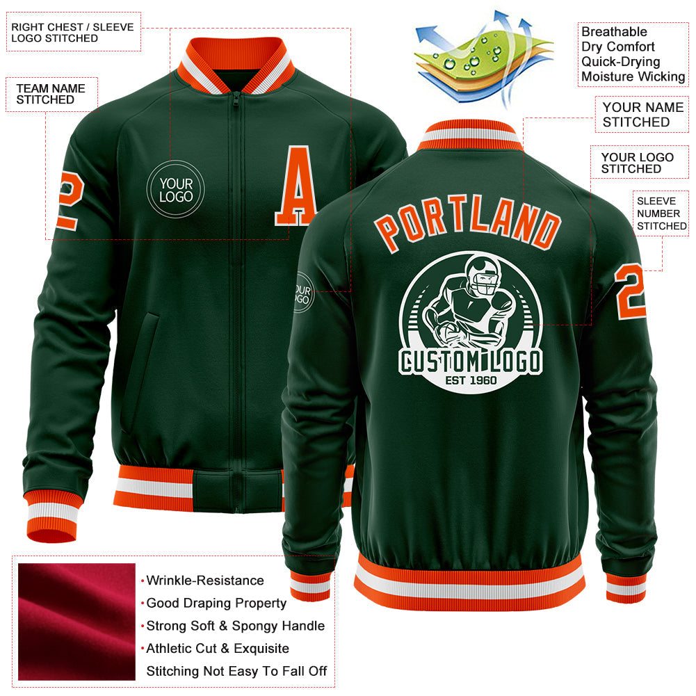 Custom Green Orange-White Bomber Varsity Letterman Zipper Jacket view 4