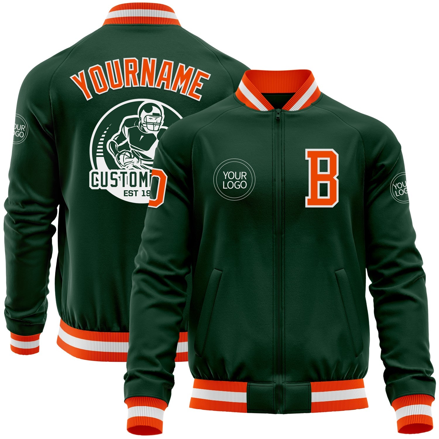 Custom Green Orange-White Bomber Varsity Letterman Zipper Jacket - Main View