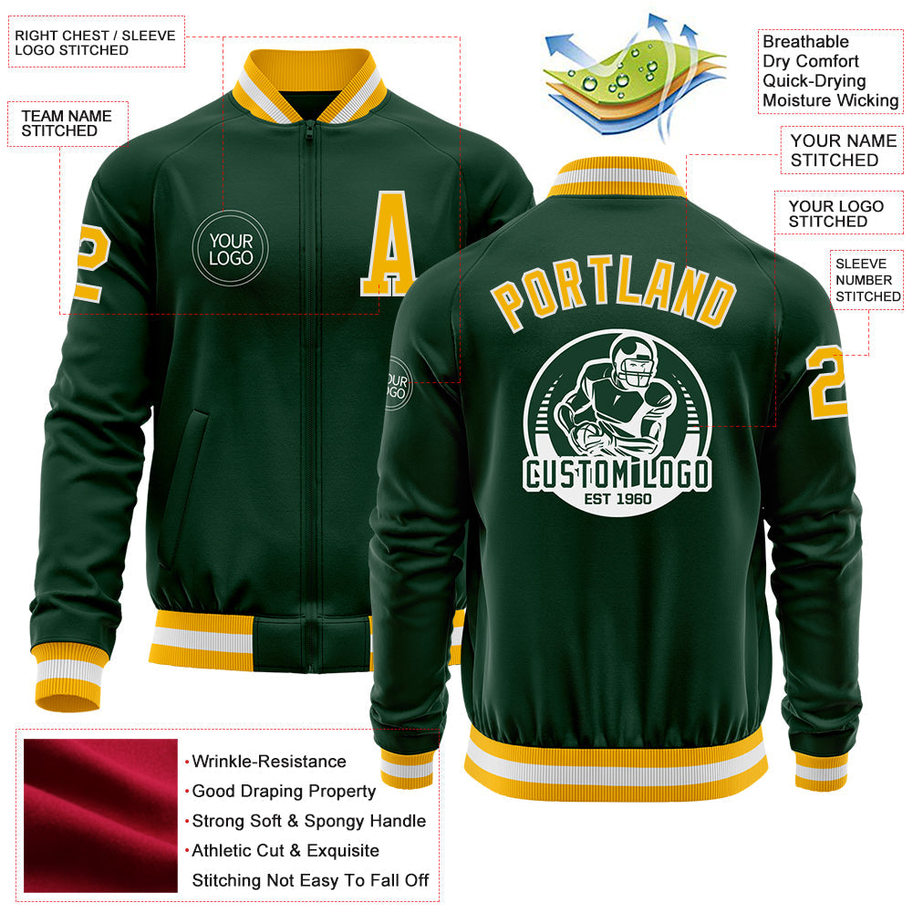 Custom Green Gold-White Bomber Varsity Letterman Zipper Jacket view 4