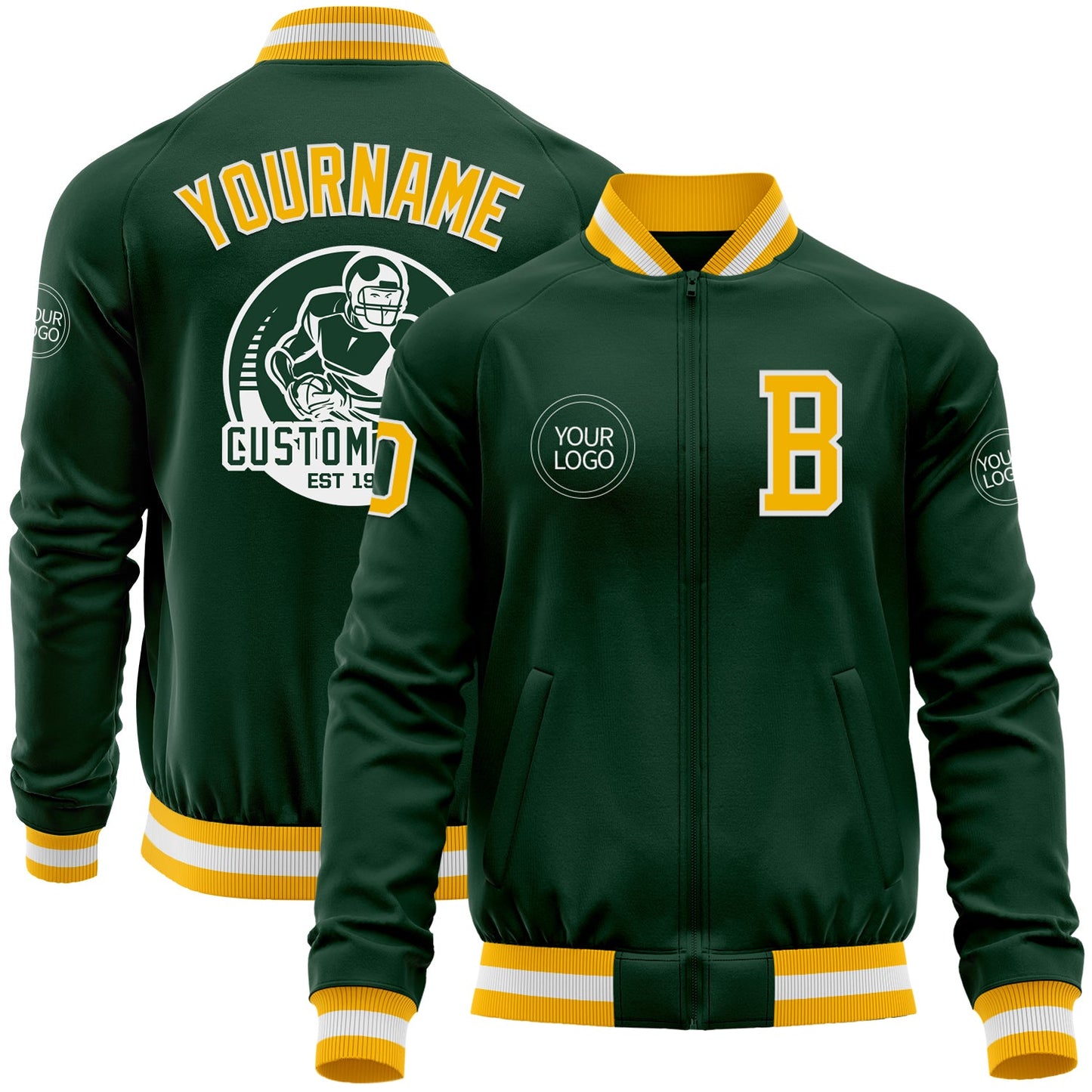 Custom Green Gold-White Bomber Varsity Letterman Zipper Jacket - Main View