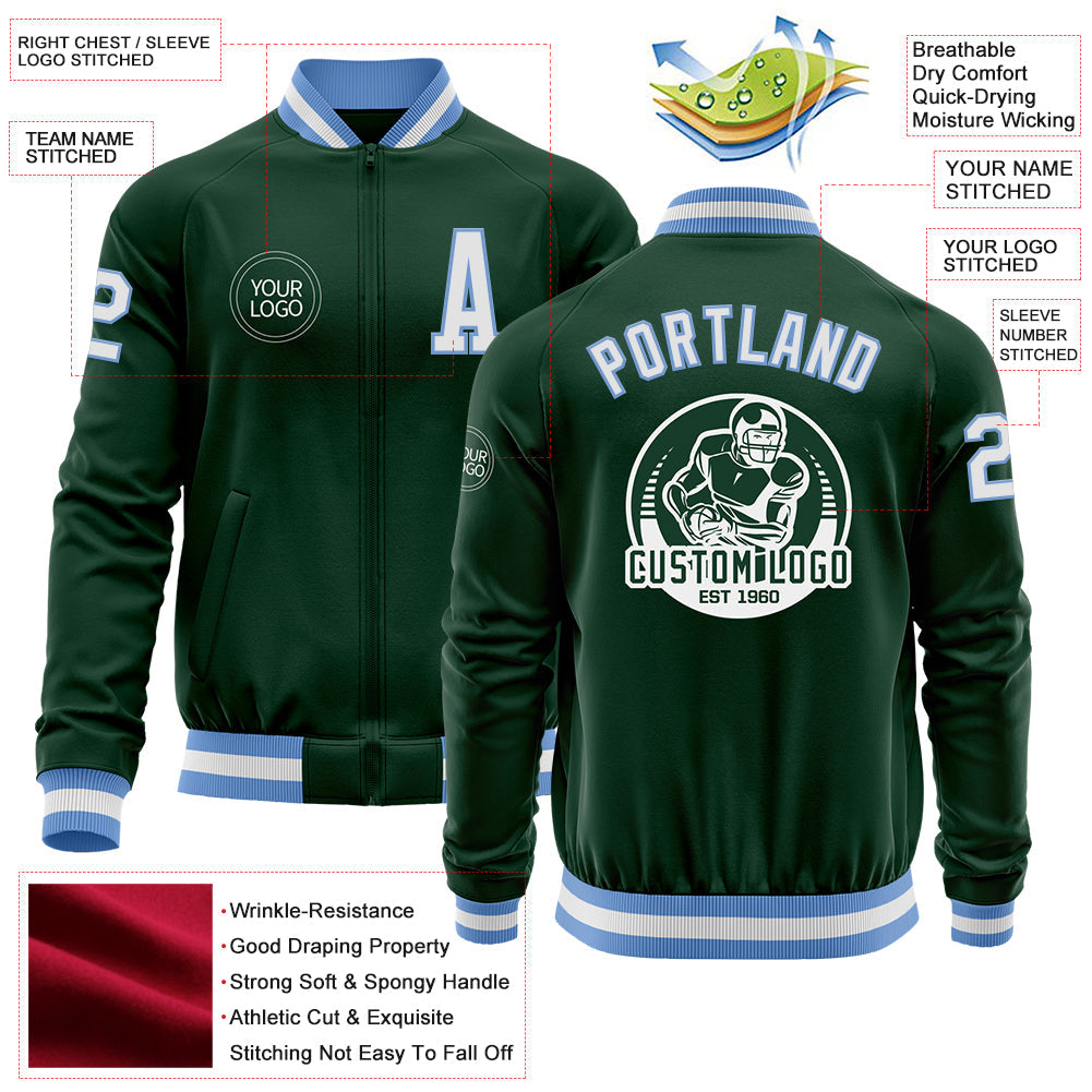 Custom Green White-Light Blue Bomber Varsity Letterman Zipper Jacket view 4