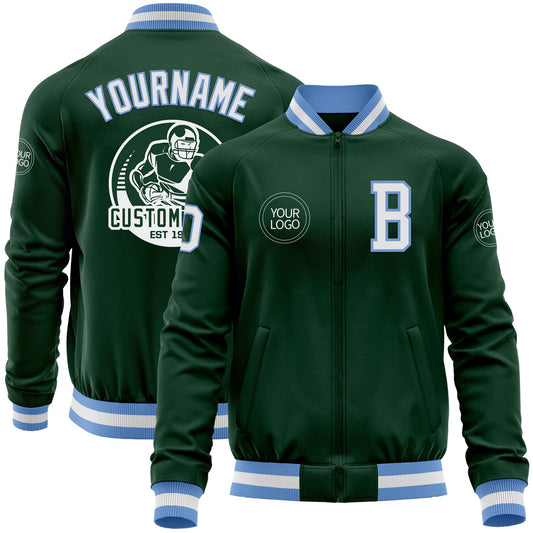 Custom Green White-Light Blue Bomber Varsity Letterman Zipper Jacket - Main View
