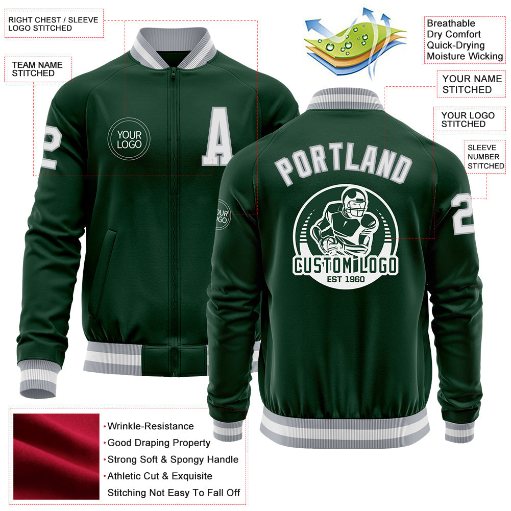 Custom Green White-Gray Bomber Varsity Letterman Zipper Jacket view 4