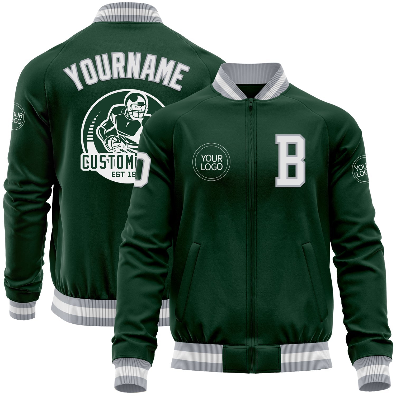 Custom Green White-Gray Bomber Varsity Letterman Zipper Jacket - Main View