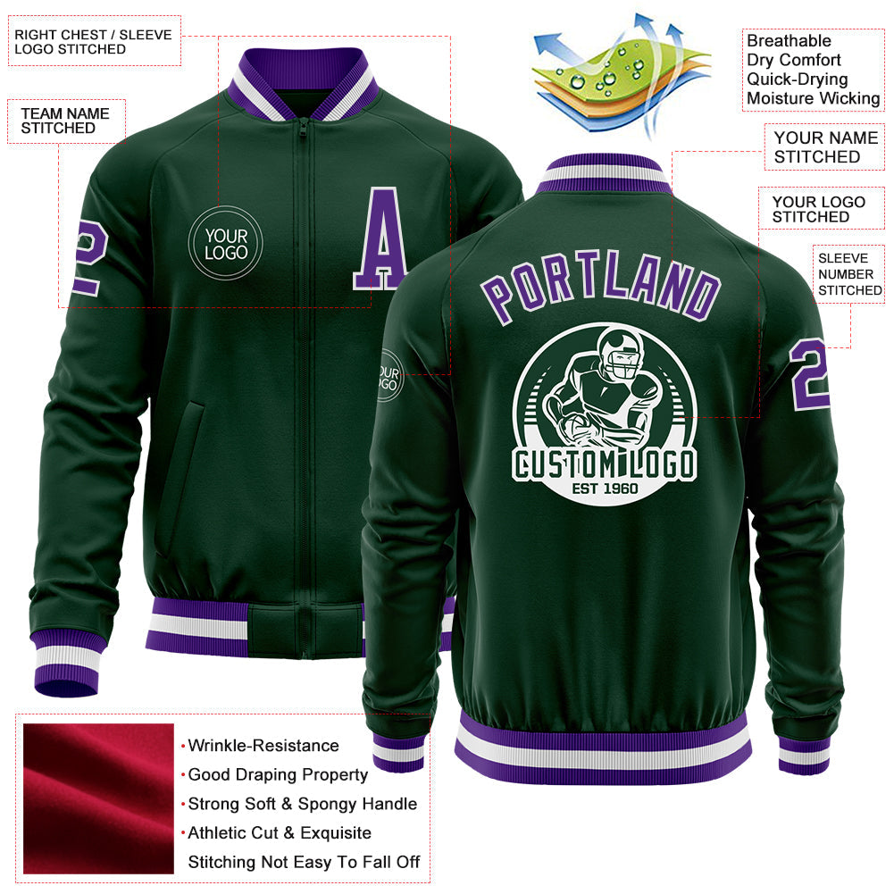 Custom Green Purple-White Bomber Varsity Letterman Zipper Jacket view 4