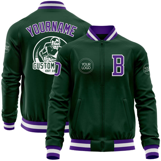 Custom Green Purple-White Bomber Varsity Letterman Zipper Jacket - Main View