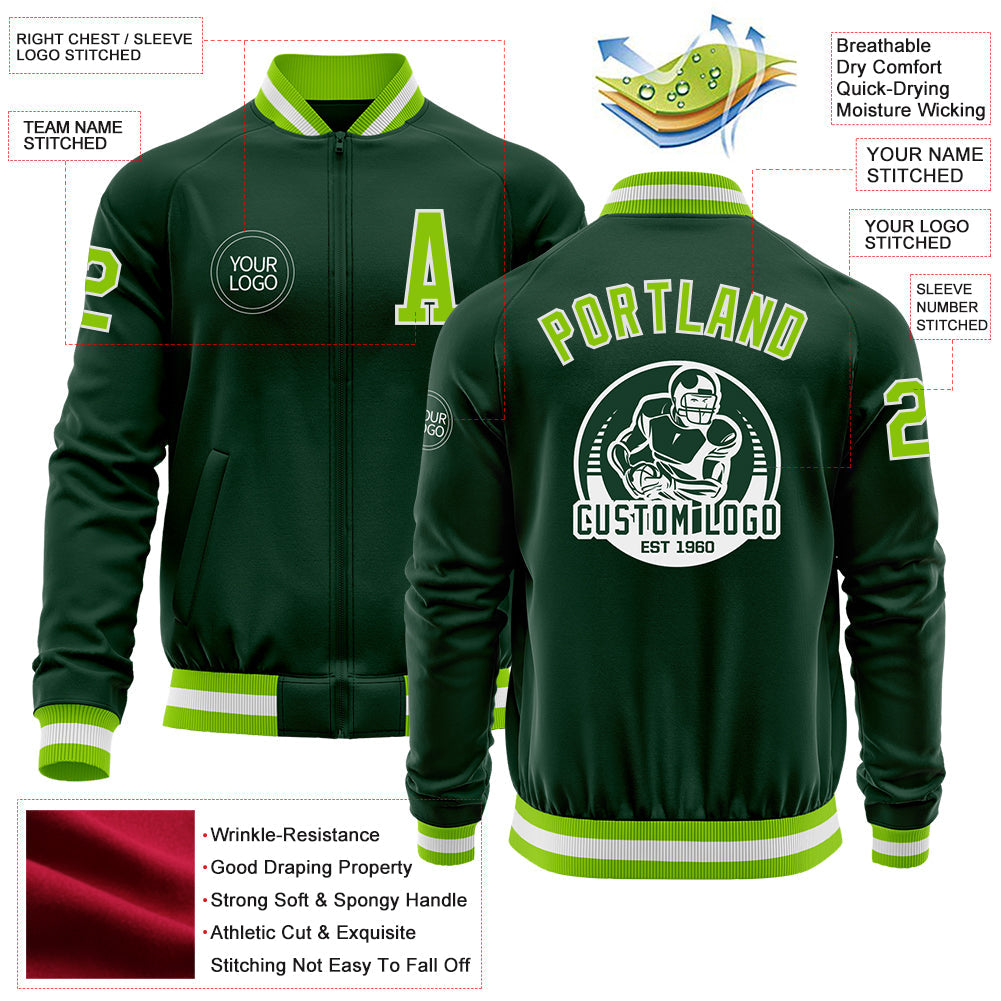 Custom Green Neon Green-White Bomber Varsity Letterman Zipper Jacket view 4