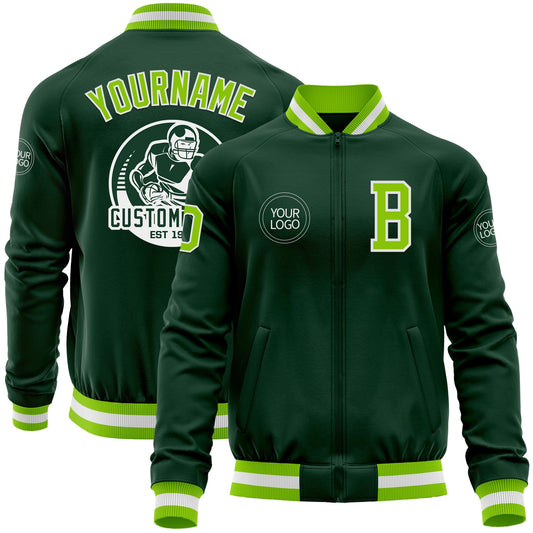 Custom Green Neon Green-White Bomber Varsity Letterman Zipper Jacket - Main View