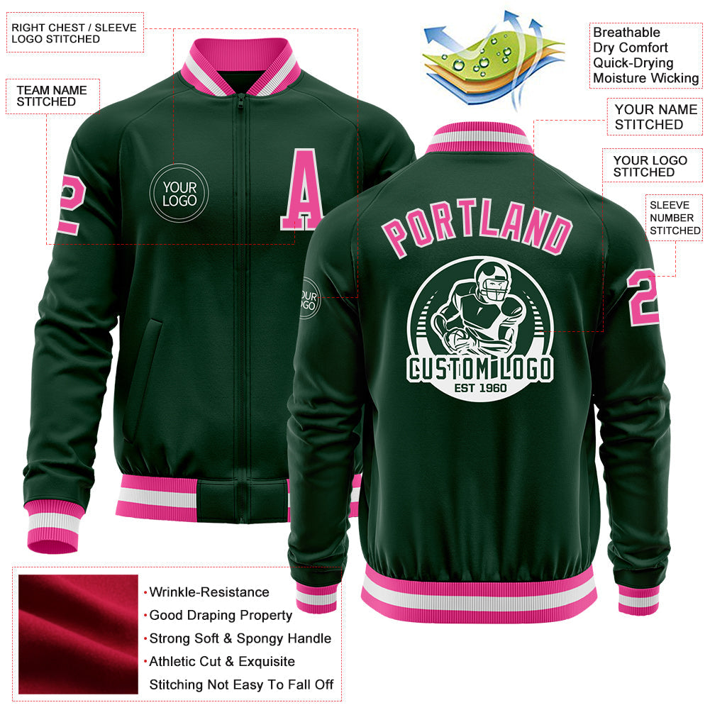Custom Green Pink-White Bomber Varsity Letterman Zipper Jacket view 4