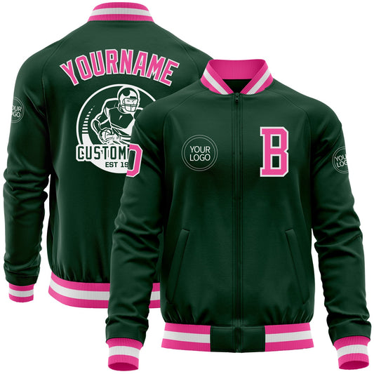 Custom Green Pink-White Bomber Varsity Letterman Zipper Jacket - Main View