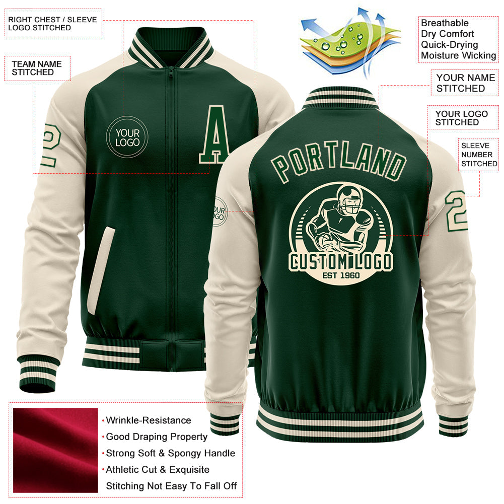 Custom Green Cream Bomber Varsity Letterman Two Tone Zipper Jacket view 4