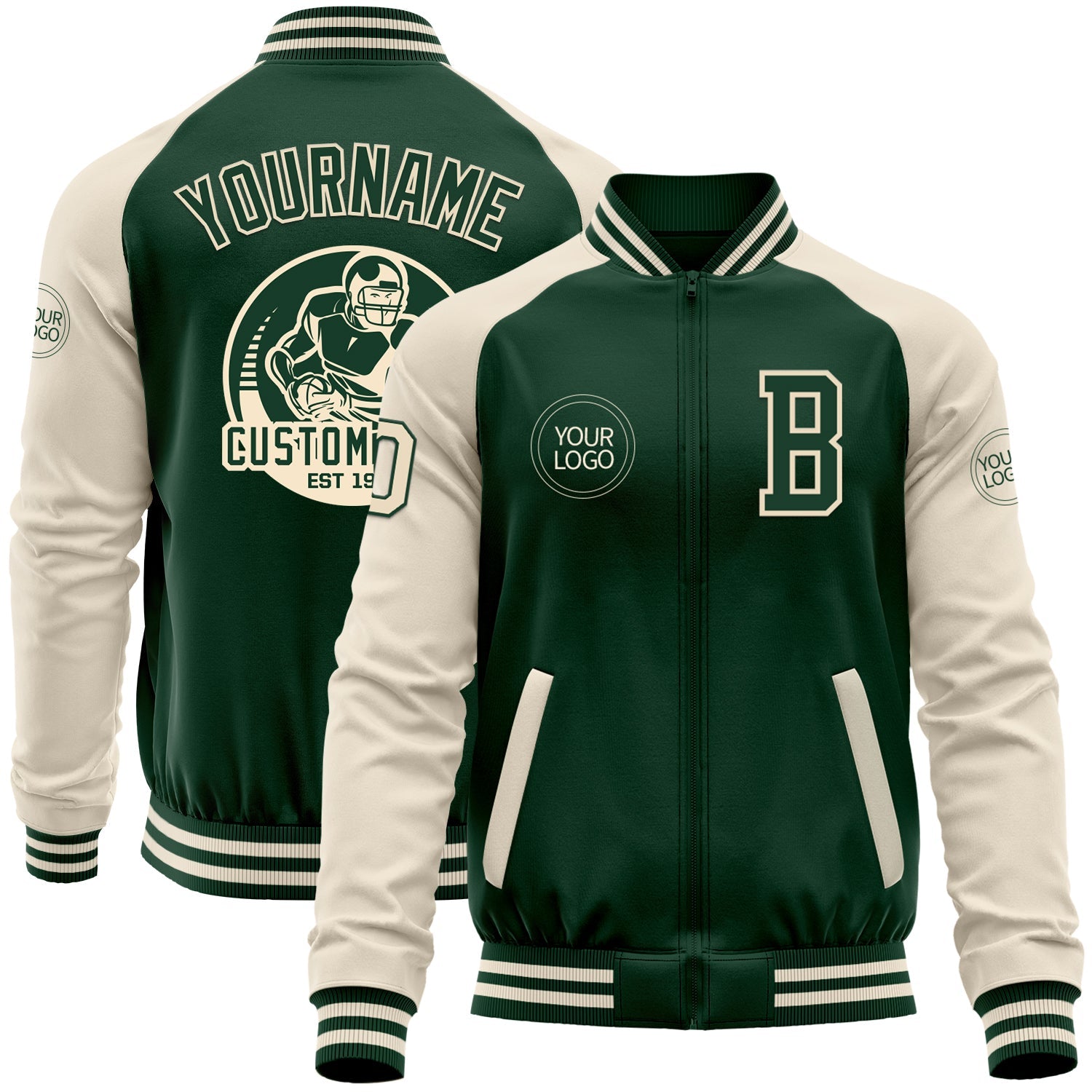Custom Green Cream Bomber Varsity Letterman Two Tone Zipper Jacket - Main View