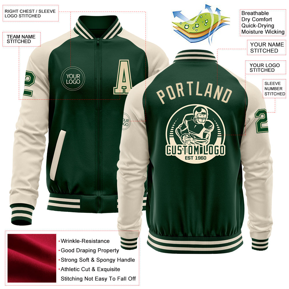 Custom Green Cream Bomber Varsity Letterman Two Tone Zipper Jacket view 4