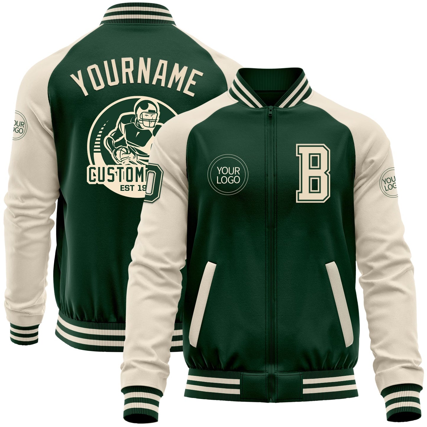 Custom Green Cream Bomber Varsity Letterman Two Tone Zipper Jacket - Main View