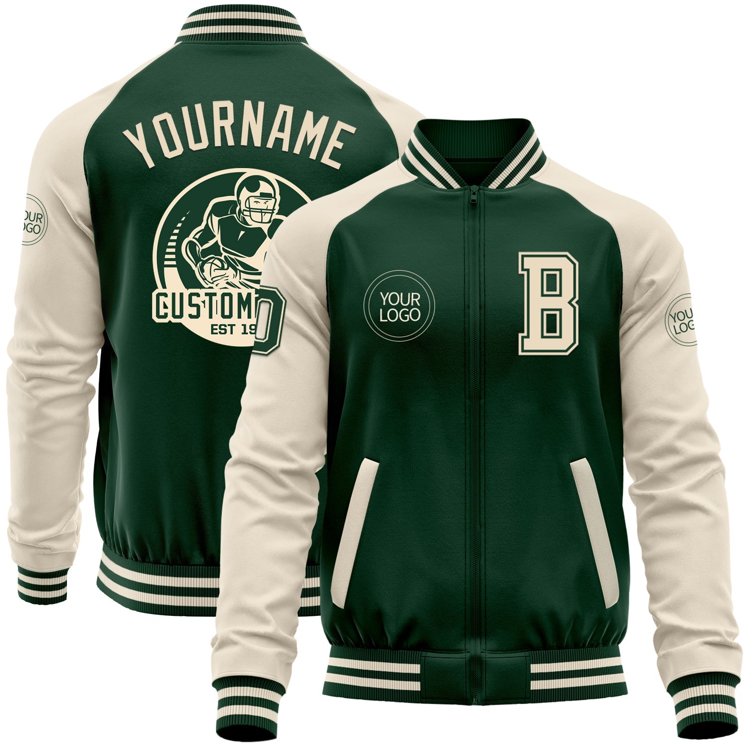 Custom Green Cream Bomber Varsity Letterman Two Tone Zipper Jacket - Main View