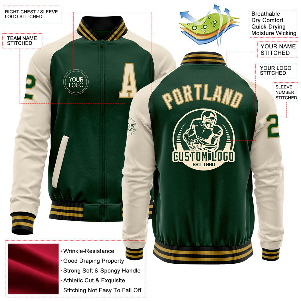 Custom Green Cream Old Gold-Black Bomber Varsity Letterman Two Tone Zipper Jacket view 4