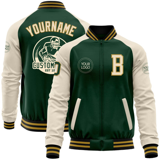 Custom Green Cream Old Gold-Black Bomber Varsity Letterman Two Tone Zipper Jacket - Main View