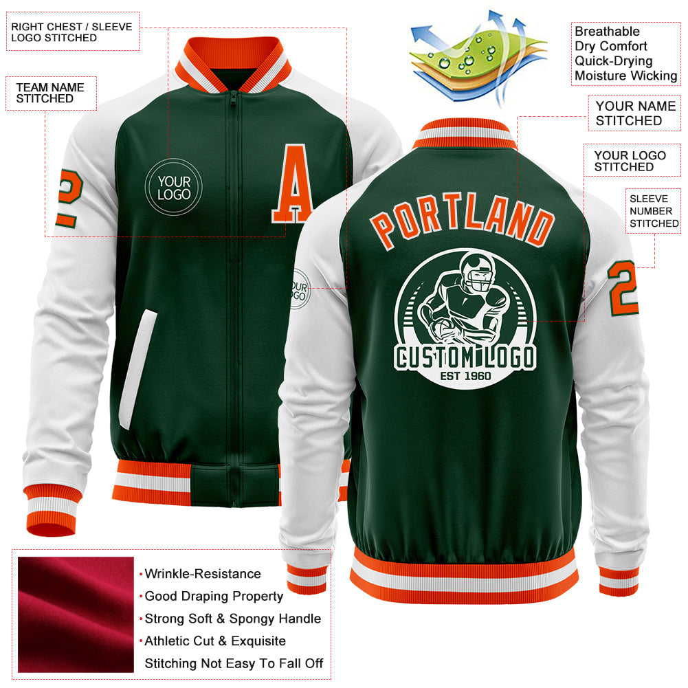 Custom Green Orange-White Bomber Varsity Letterman Two Tone Zipper Jacket view 4
