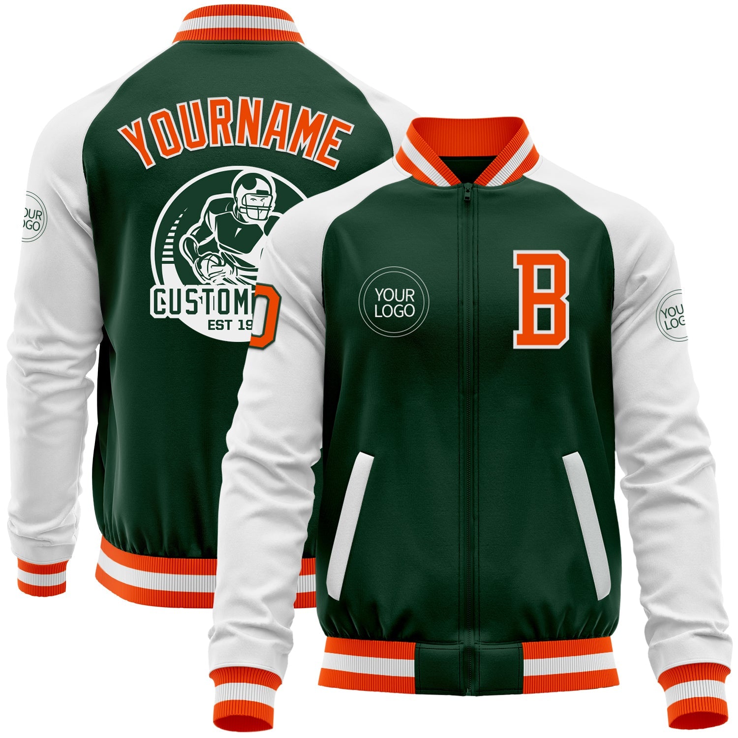 Custom Green Orange-White Bomber Varsity Letterman Two Tone Zipper Jacket - Main View