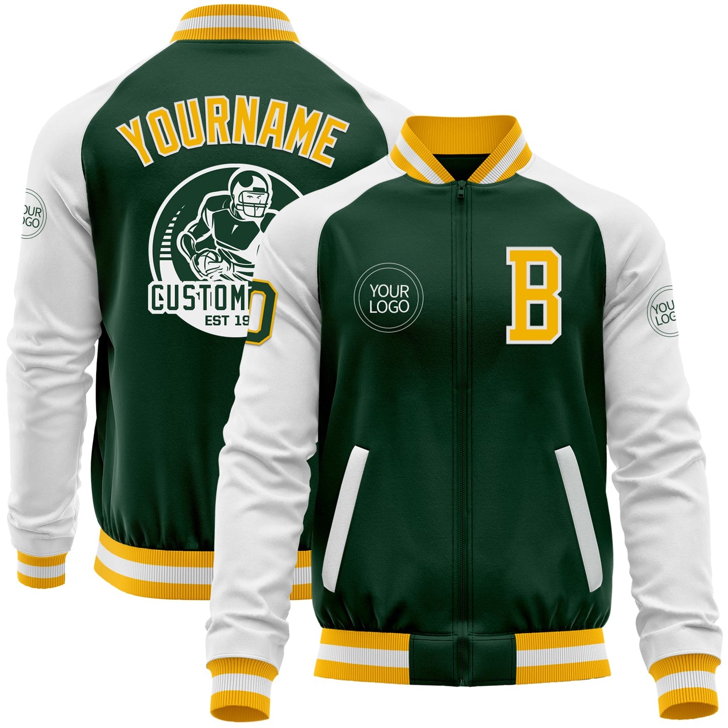 Custom Green Gold-White Bomber Varsity Letterman Two Tone Zipper Jacket - Main View