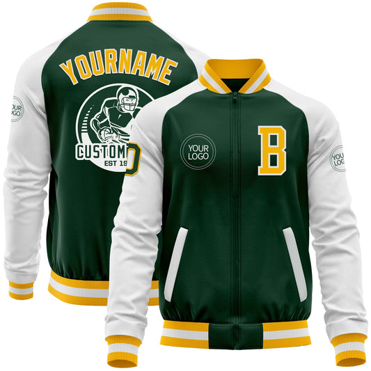 Custom Green Gold-White Bomber Varsity Letterman Two Tone Zipper Jacket - Main View