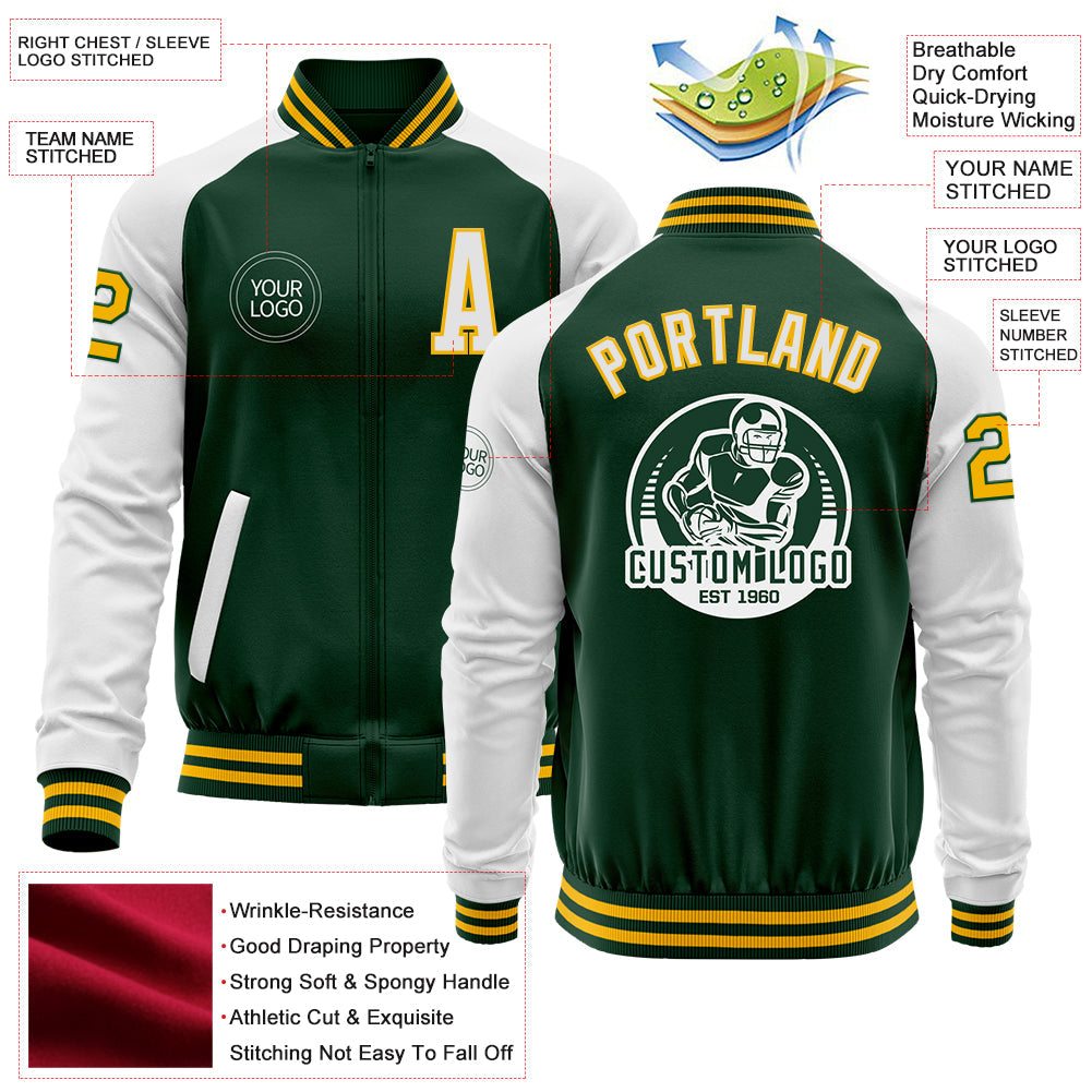 Custom Green White-Gold Bomber Varsity Letterman Two Tone Zipper Jacket view 4