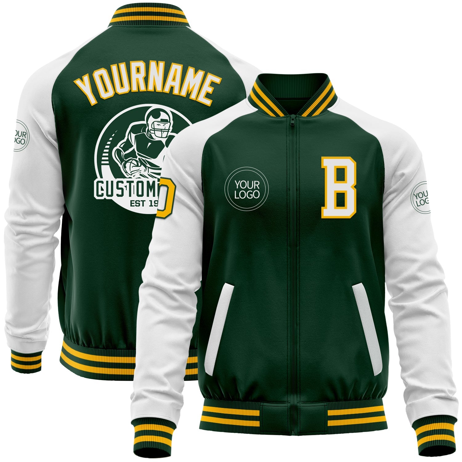 Custom Green White-Gold Bomber Varsity Letterman Two Tone Zipper Jacket - Main View