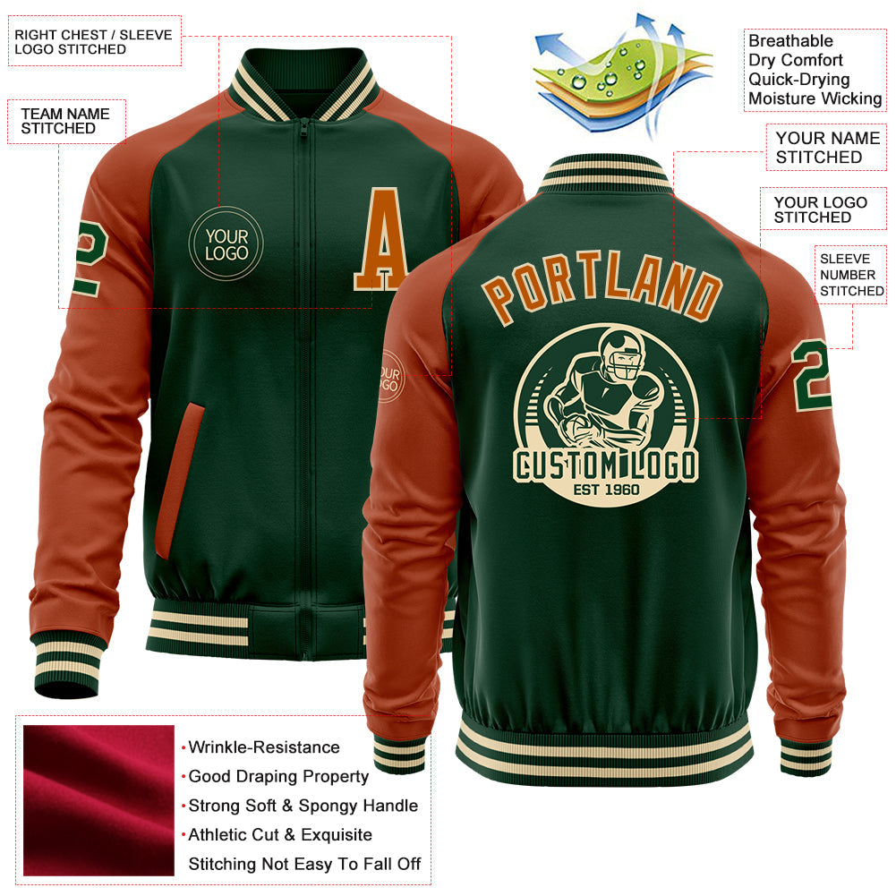 Custom Green Texas Orange-Cream Bomber Varsity Letterman Two Tone Zipper Jacket view 4
