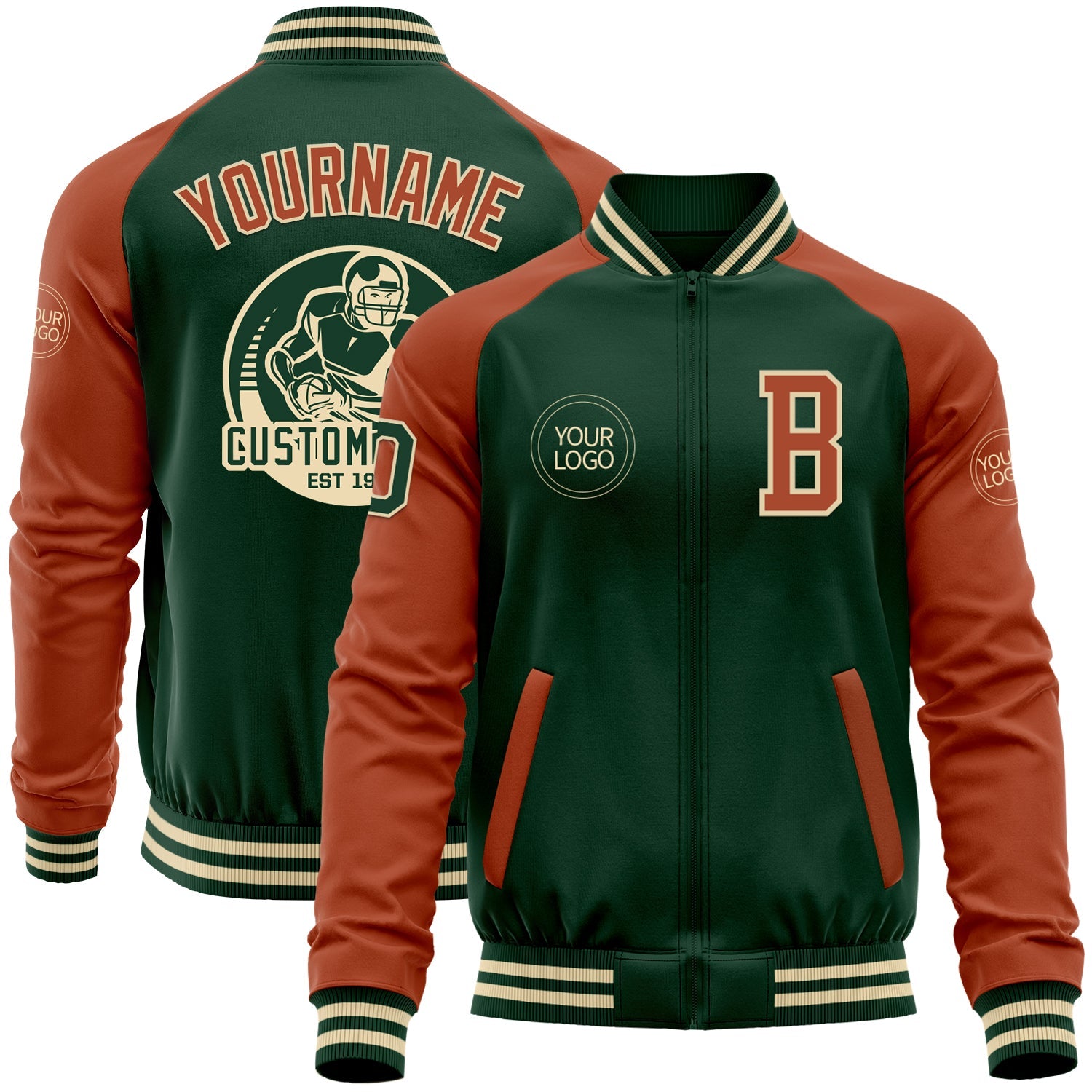 Custom Green Texas Orange-Cream Bomber Varsity Letterman Two Tone Zipper Jacket - Main View
