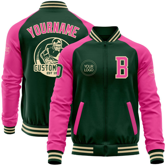 Custom Green Pink-Cream Bomber Varsity Letterman Two Tone Zipper Jacket - Main View