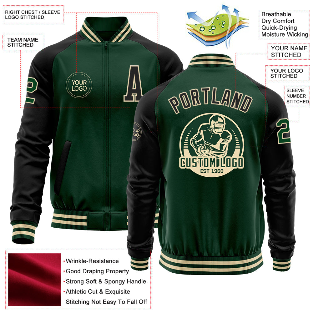 Custom Green Black-Cream Bomber Varsity Letterman Two Tone Zipper Jacket view 4