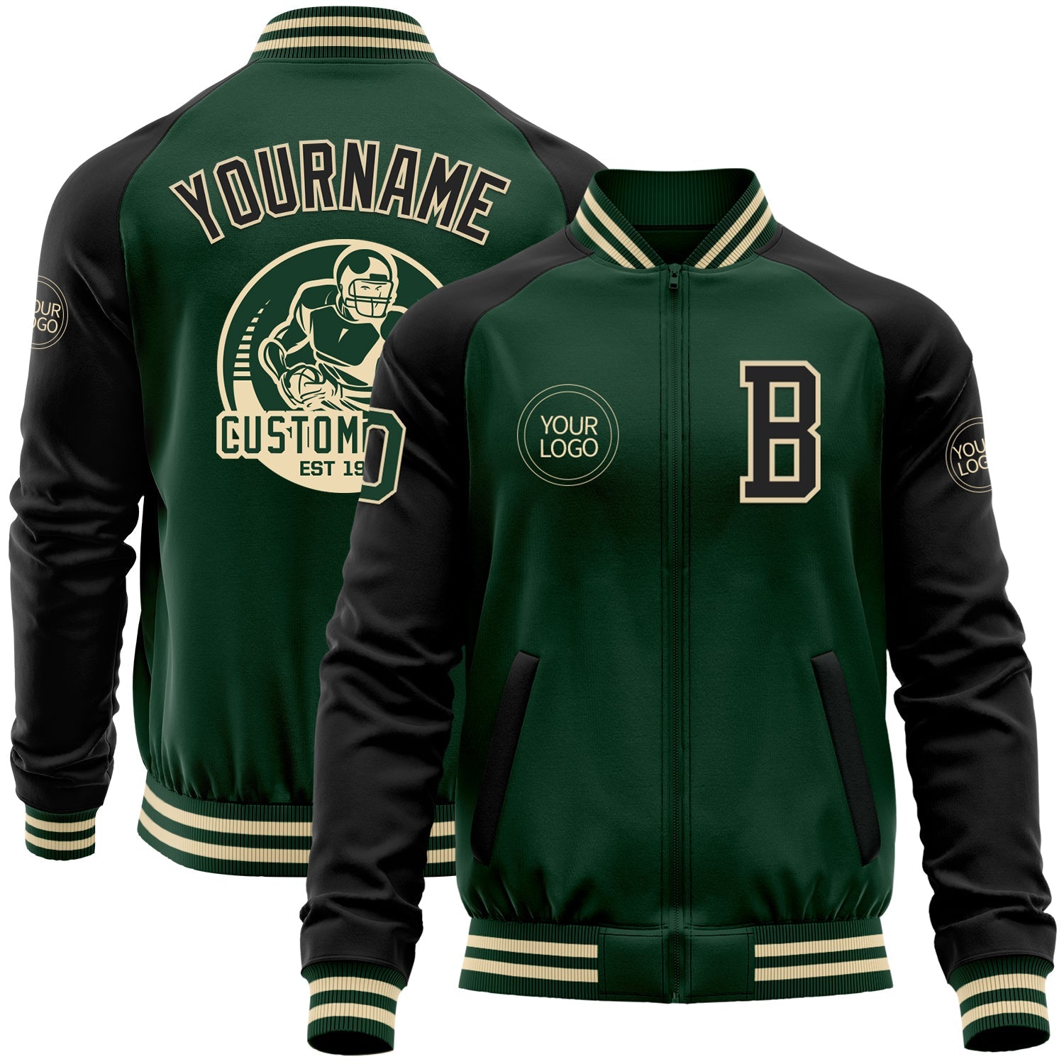 Custom Green Black-Cream Bomber Varsity Letterman Two Tone Zipper Jacket - Main View
