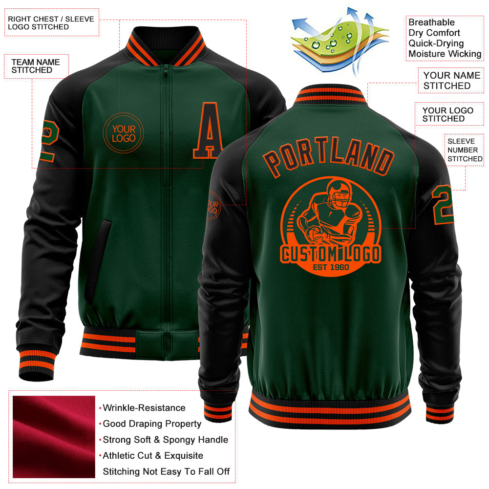 Custom Green Black-Orange Bomber Varsity Letterman Two Tone Zipper Jacket view 4