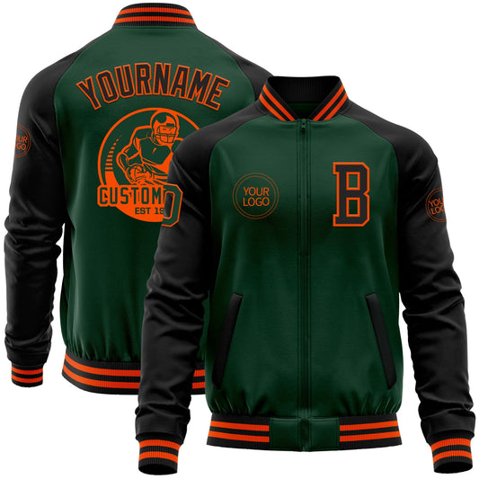 Custom Green Black-Orange Bomber Varsity Letterman Two Tone Zipper Jacket - Main View